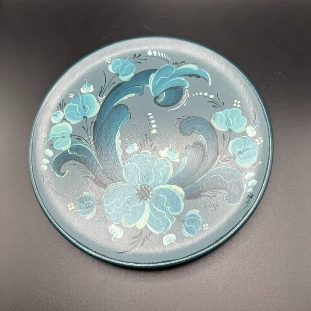 Folk Art Hand Painted Wood Plate Wall Hanging Signed Norwegian Rosemaling Blue